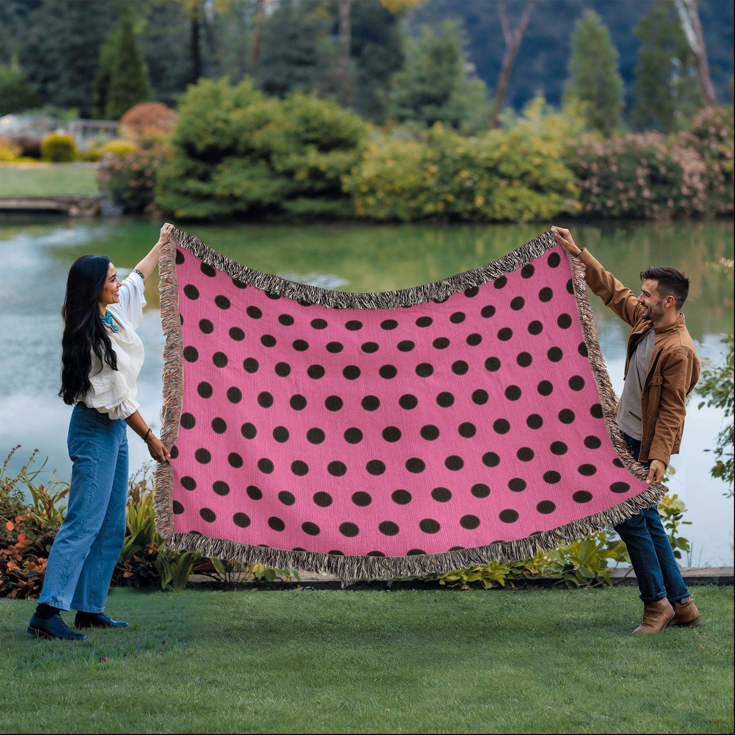 TRENDING -CUSTOM DESIGNER LADY BUG BLACK POLKA DOT PINK HEIRLOOM ARTWORK WOVEN BLANKET