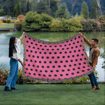 TRENDING -CUSTOM DESIGNER LADY BUG BLACK POLKA DOT PINK HEIRLOOM ARTWORK WOVEN BLANKET