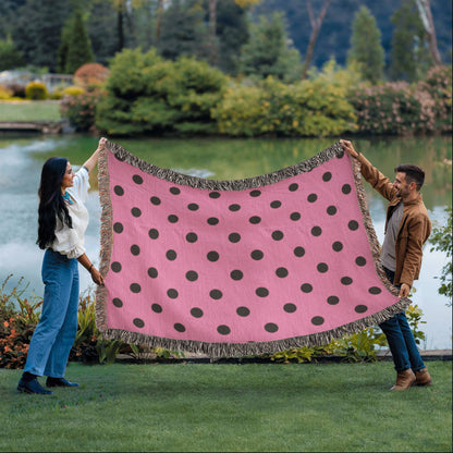 Custom Designer Pink & Black Polka Dot Heirloom Artwork Woven Blanket