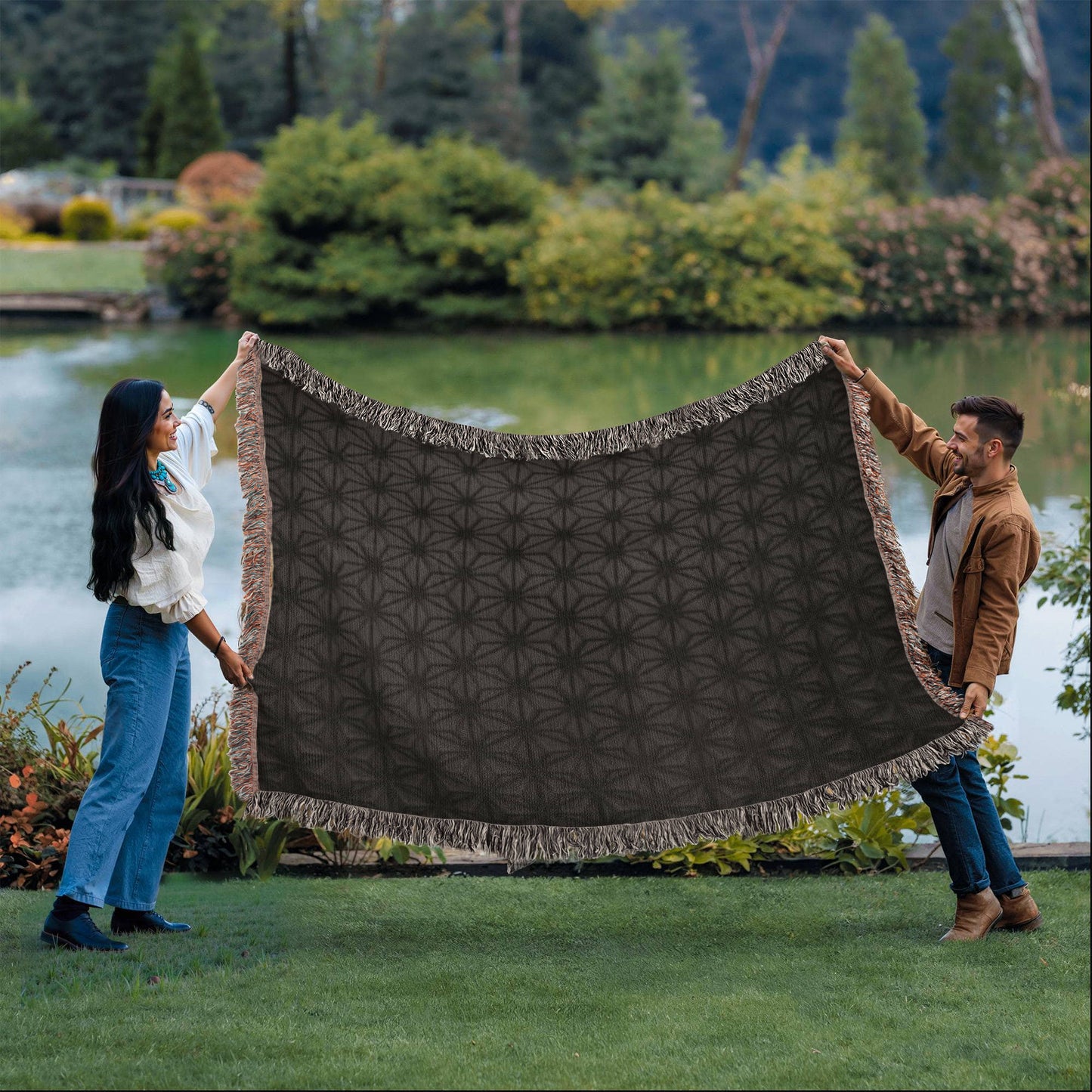 Custom Designer Black Flower Star Pattern Heirloom Artwork Woven Blanket