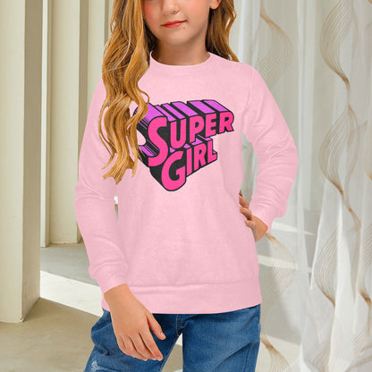 SUPER GIRL PRINT DESIGN YOUNG GIRL'S SWEATERS- Girls Super Girl Print Crew Neck Sweater