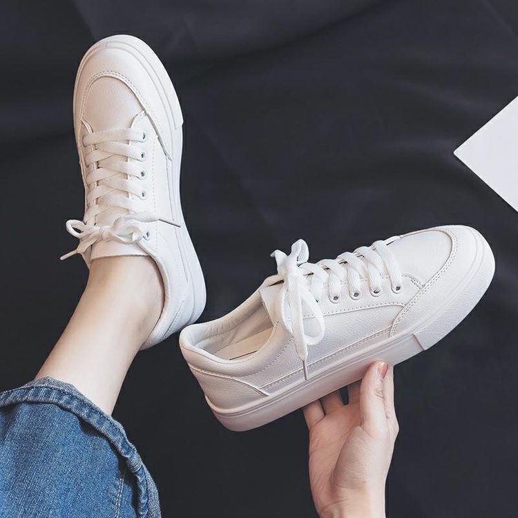 Shop KSC's Comfort Kicks Solid Color all white Women's New Leather Casual Shoes lace-up low top flat women's foot wear