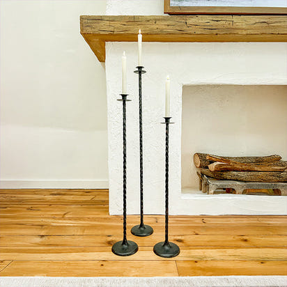 Tall Hand-Forged Cast Iron Floor Candle Holders, Set of 3