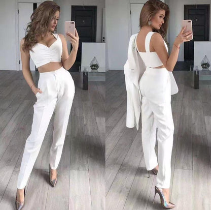New solid color medium length loose suit trousers all vest three-piece set