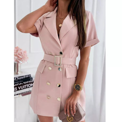 New waist double ed short-sleeved suit collar dress woman