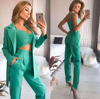New solid color medium length loose suit trousers all vest three-piece set