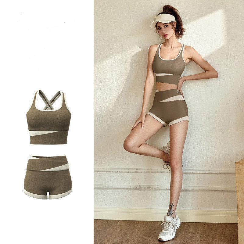 Imo's short, contrasting color, thin yoga wear, fashionable and beautiful back fitness clothes for women