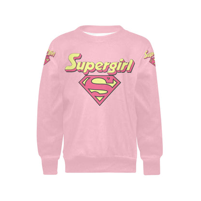 SUPER GIRL PRINT DESIGN YOUNG GIRL'S SWEATERS- Girls Super Girl Print Crew Neck Sweater