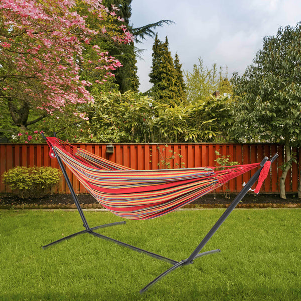 COMFY HAMMOCK & SWING SET- Black Steel Pipe Hammock Frame with Polyester Cotton Hammock Set