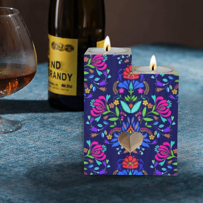 BLUE FLORAL DESIGN Wooden Candle Holder (Without Candle)