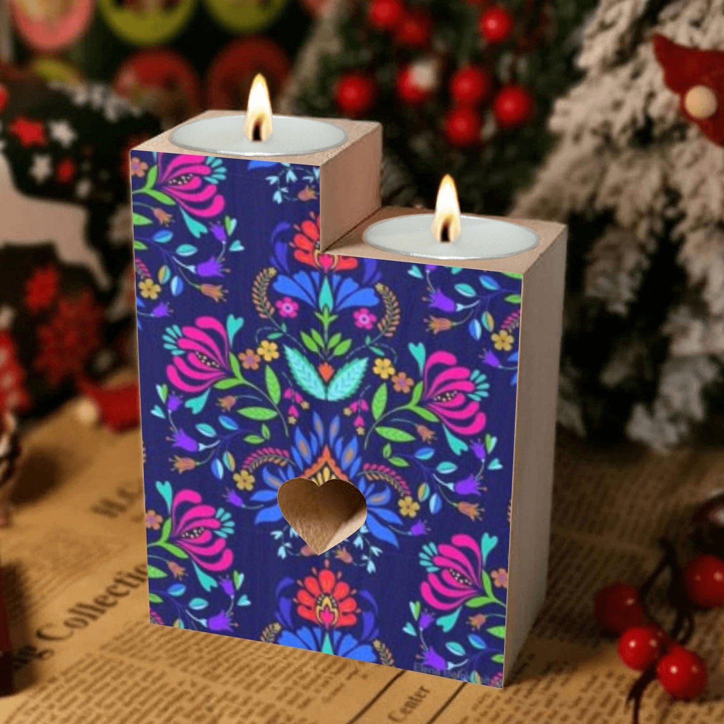 BLUE FLORAL DESIGN Wooden Candle Holder (Without Candle)