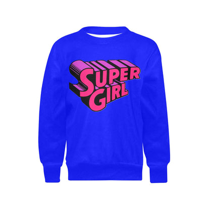 SUPER GIRL PRINT DESIGN YOUNG GIRL'S SWEATERS- Girls Super Girl Print Crew Neck Sweater