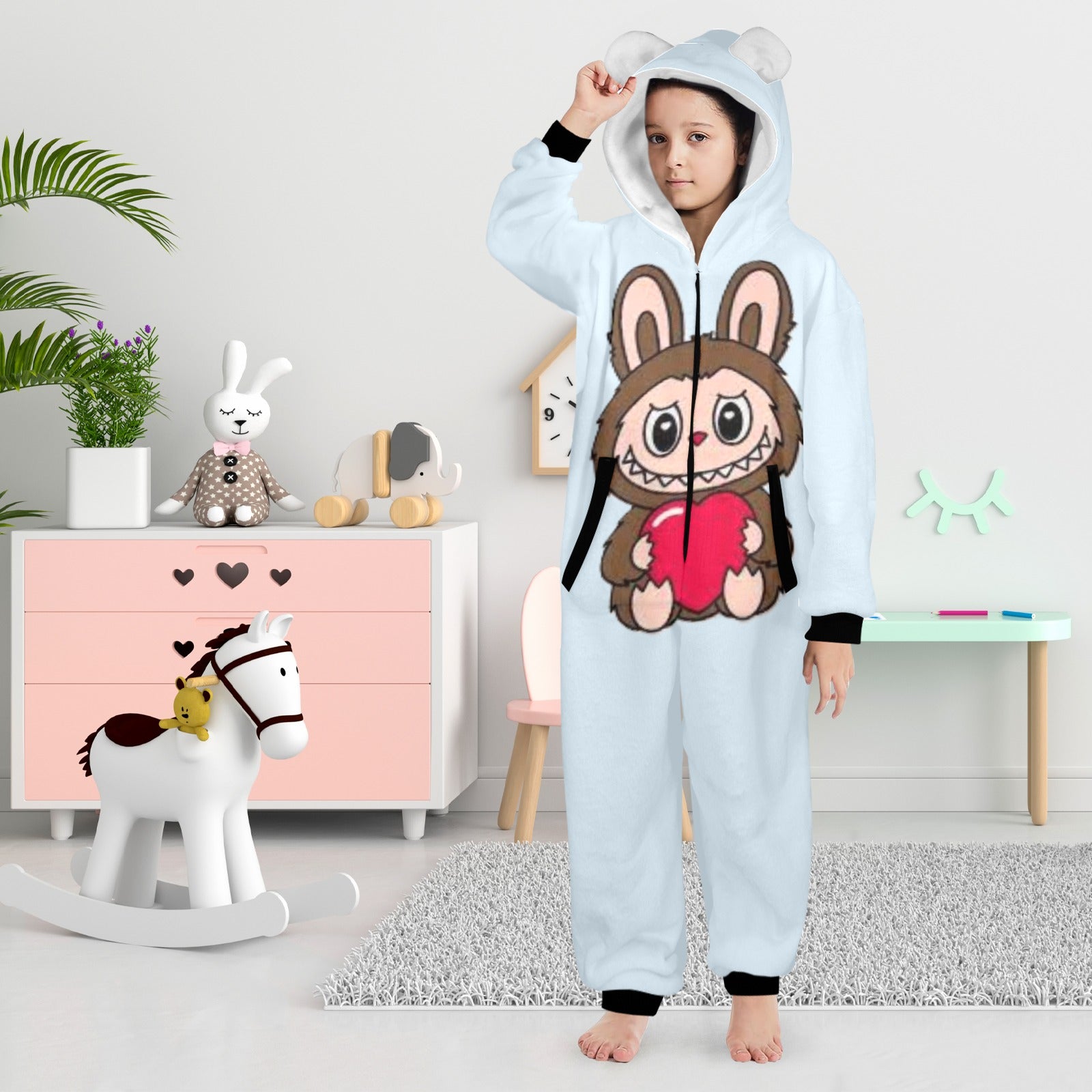 KSC's Exclusive Big Kids Onesie Labubu (8 to 15 Years) Light Blue Brown Labubu w/Heart