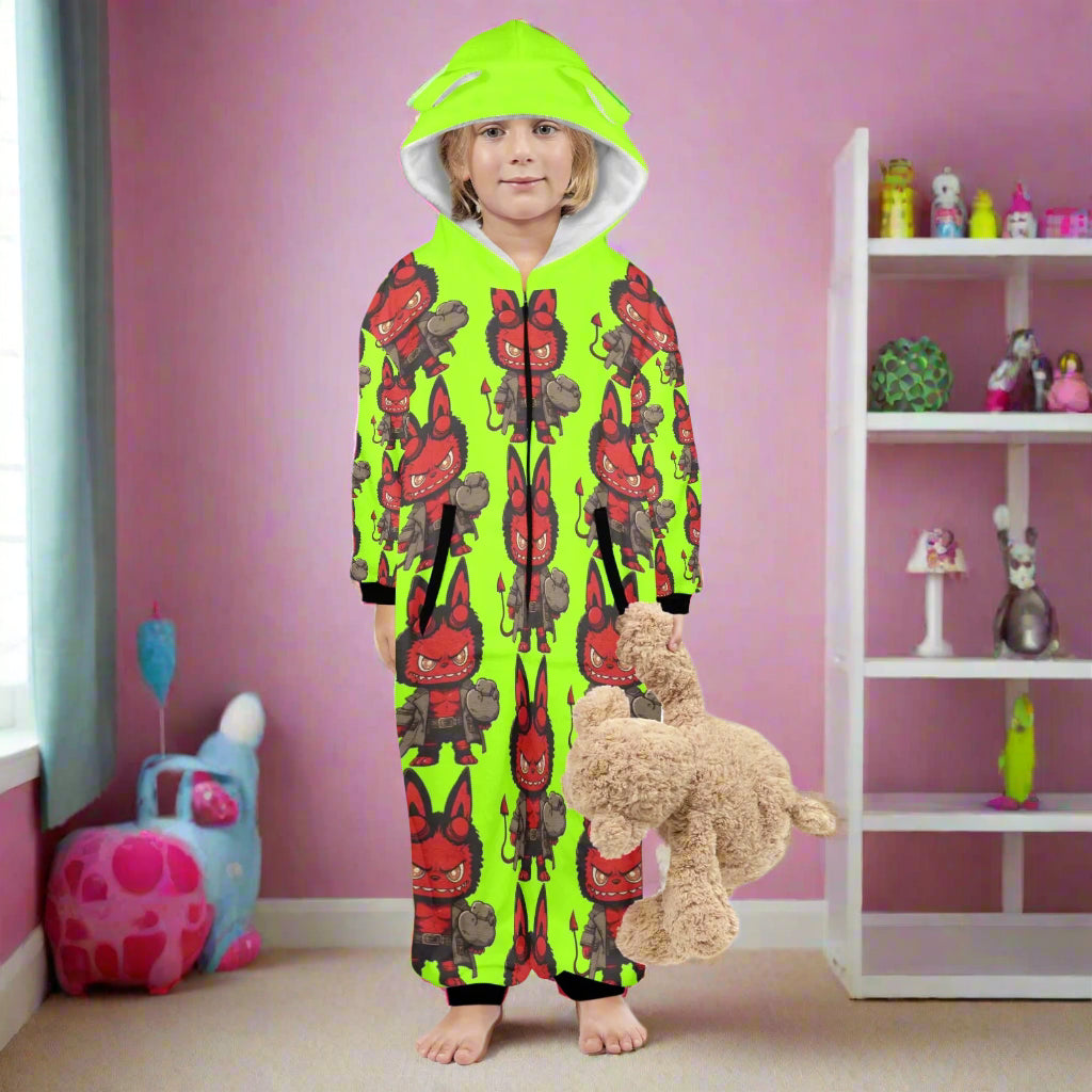 Child wearing a colorful onesie with cartoon characters on a white background