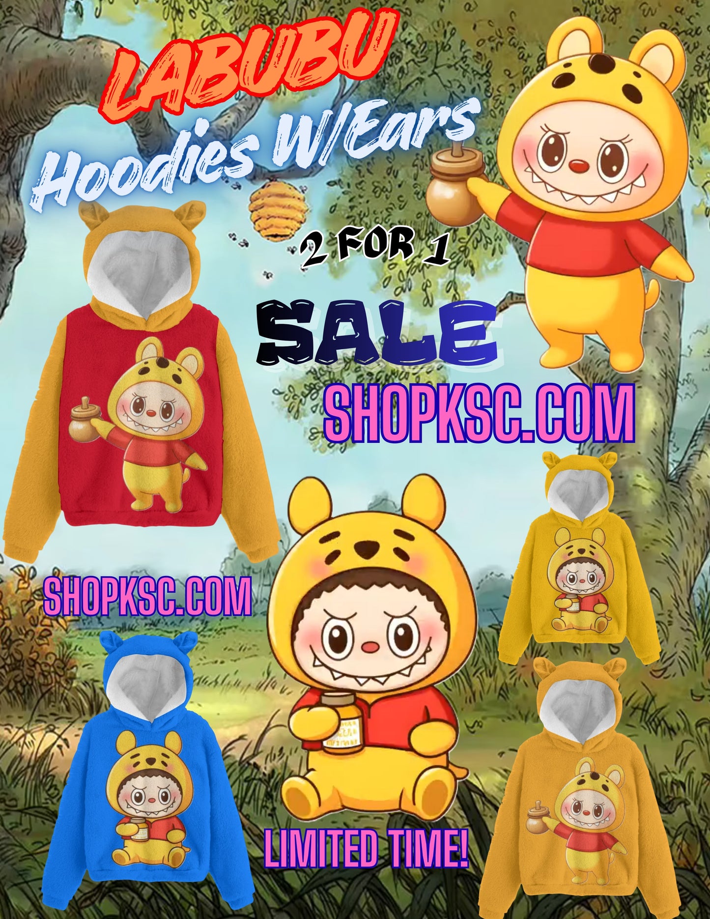 🍯Pooh Bear Labubu Snuggle Hoodie – Fleece Ears Edition for Kids -Pooh Bear Labubu Kid’s Borg Fleece Hoodie With Ears