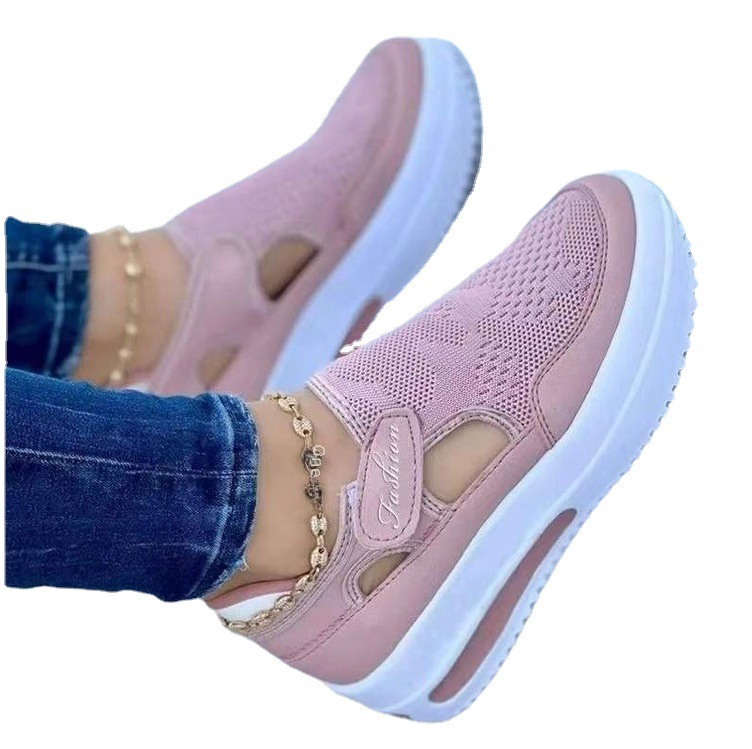NEW STYLE FASHION SHOES Women's Large Size Fly-woven Breathable Casual Single-layer Shoes Wedge Heel Thick-soled Hollow Velcro Round Toe Low-top Womens Single-layer Shoes