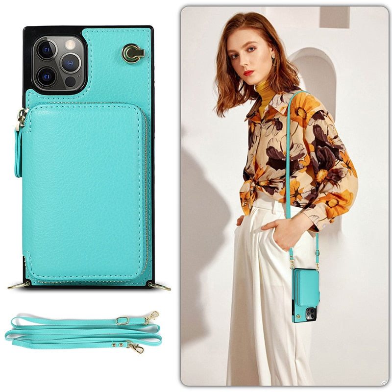 Designer IPHONE Zipper Wallet Case with Adjustable Crossbody Strap for IPhone