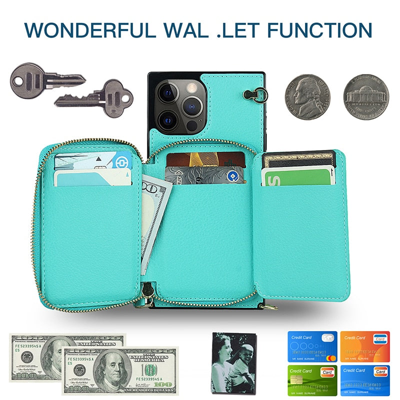 Designer IPHONE Zipper Wallet Case with Adjustable Crossbody Strap for IPhone