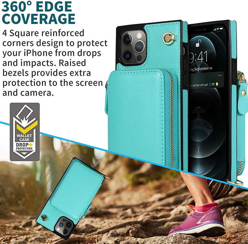 Designer IPHONE Zipper Wallet Case with Adjustable Crossbody Strap for IPhone