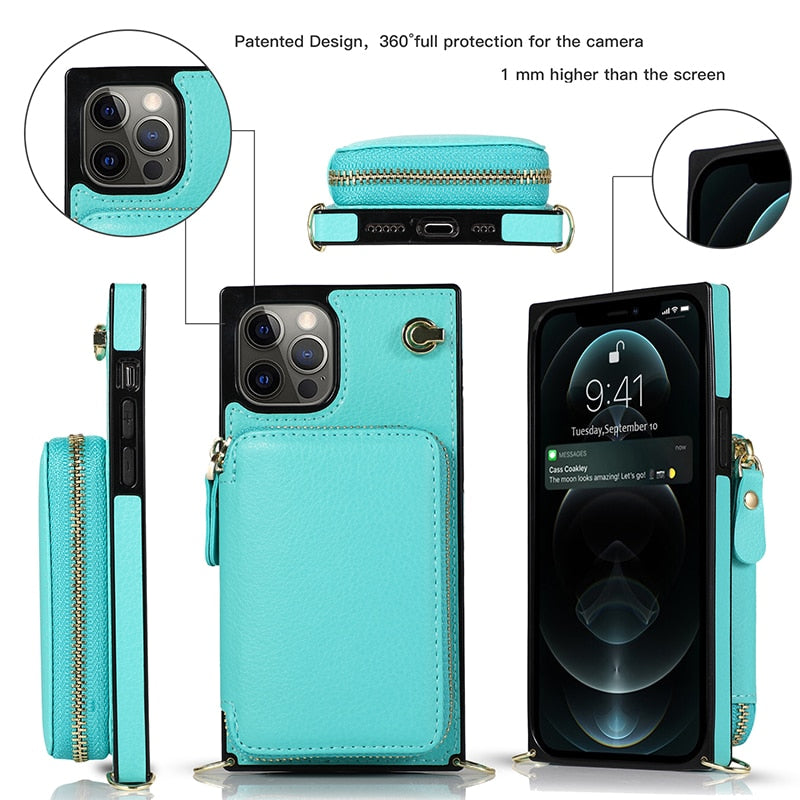 Designer IPHONE Zipper Wallet Case with Adjustable Crossbody Strap for IPhone