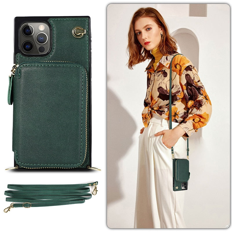 Designer IPHONE Zipper Wallet Case with Adjustable Crossbody Strap for IPhone