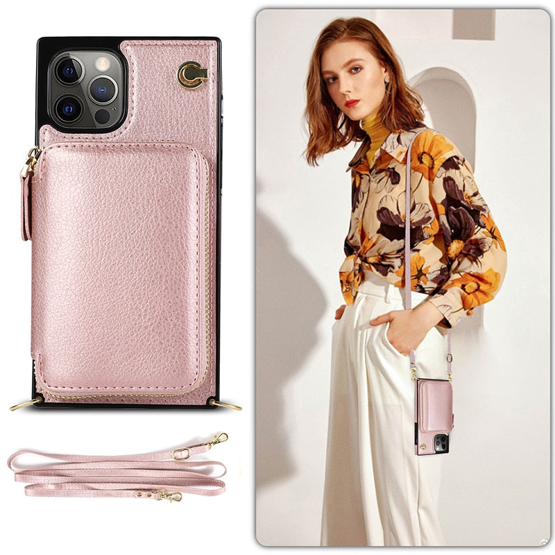 Designer IPHONE Zipper Wallet Case with Adjustable Crossbody Strap for IPhone