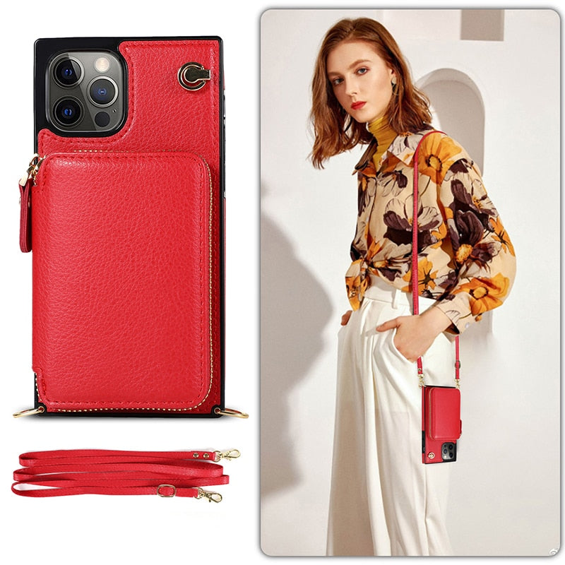 Designer IPHONE Zipper Wallet Case with Adjustable Crossbody Strap for IPhone