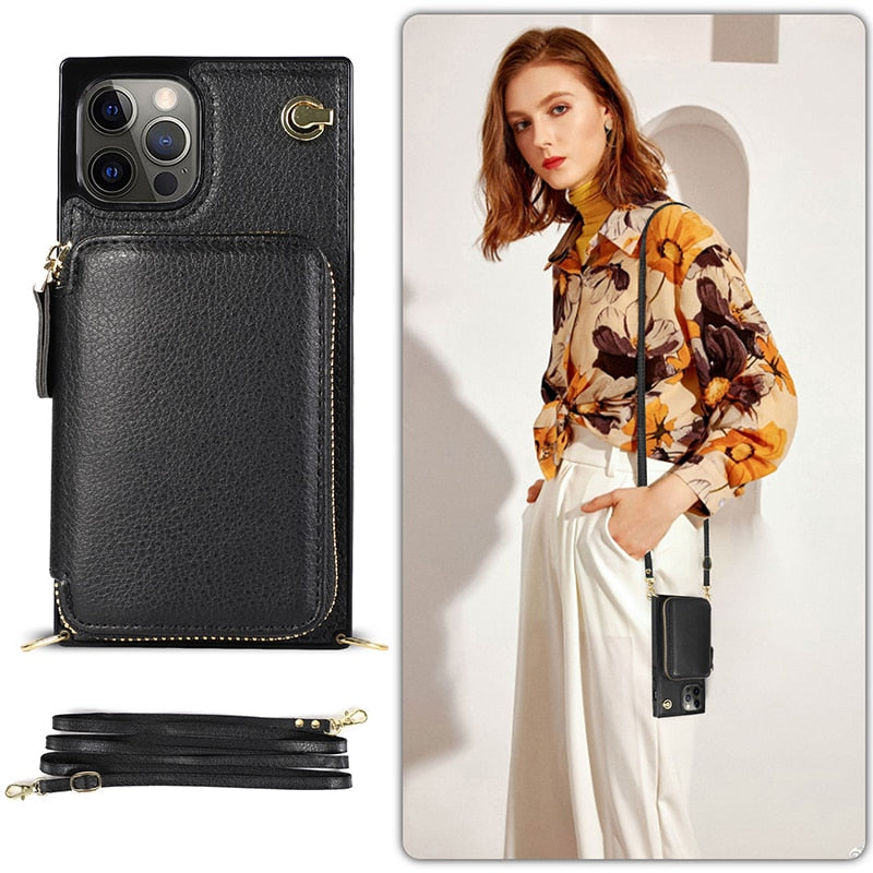 Designer IPHONE Zipper Wallet Case with Adjustable Crossbody Strap for IPhone
