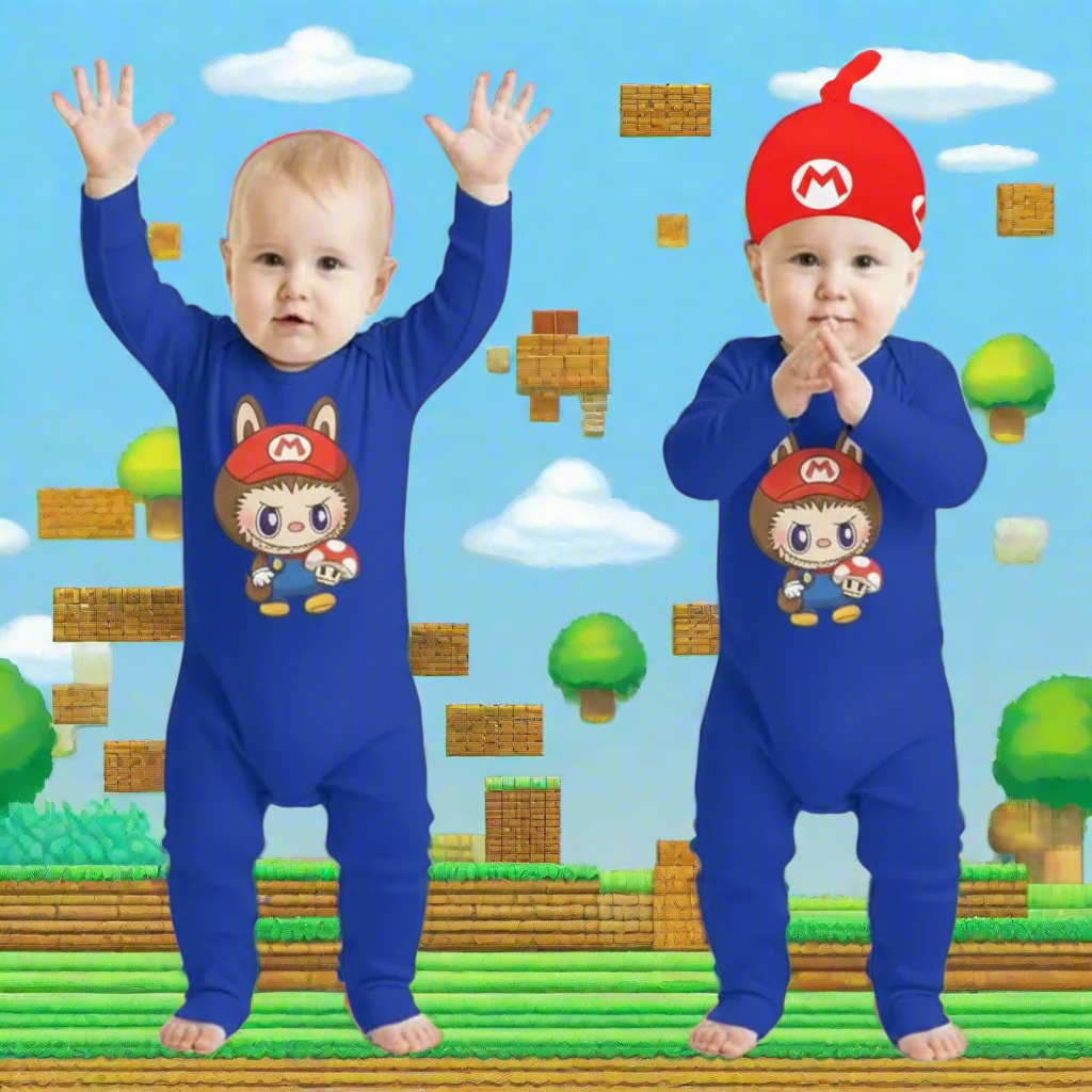 Two babies wearing blue outfits with a character design on a white background