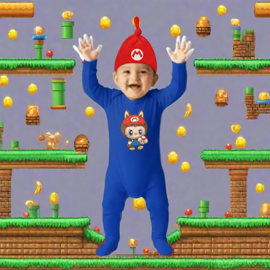 Child wearing a blue onesie with a character design and a red cap on a white background
