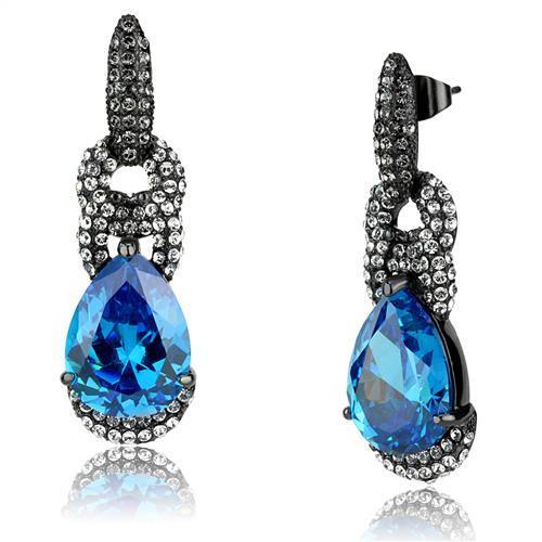 BEAUTIFUL SEA BLUE CZ EARRINGS TK2708 IP Light Black  (IP Gun) Stainless Steel
