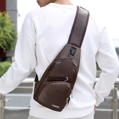 New USB Men's Chest Bag Portable Large Capacity Charging Leisure Diagonal Cross Bag Outdoor Sports PU Chest Bag