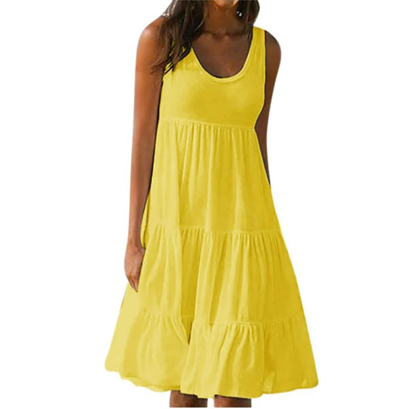 Women Casual Solid Mini Dress Summer Elegant Sleeveless Ruffles Loose Short Dress Beach Party Sundress Oversize Streetwear