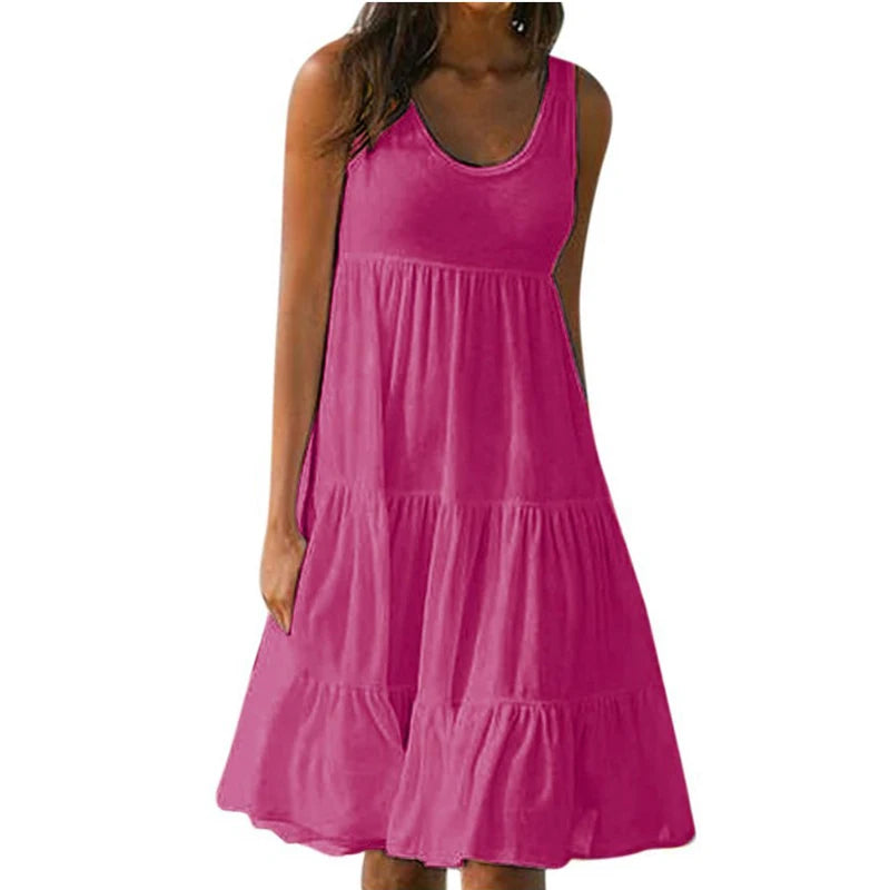 Women Casual Solid Mini Dress Summer Elegant Sleeveless Ruffles Loose Short Dress Beach Party Sundress Oversize Streetwear