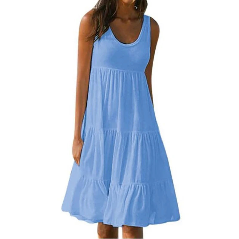 Women Casual Solid Mini Dress Summer Elegant Sleeveless Ruffles Loose Short Dress Beach Party Sundress Oversize Streetwear