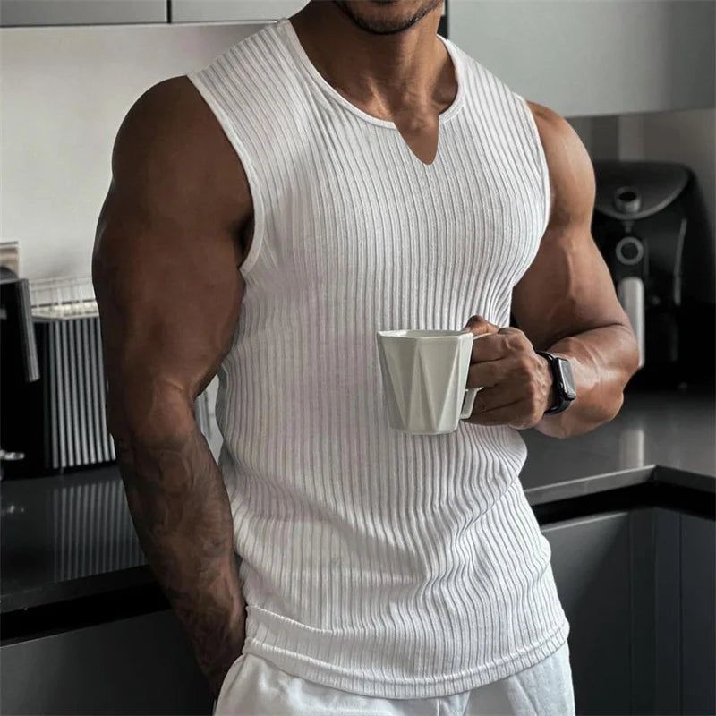 New Summer Men V-neck Vest stripe gym Tank top Men Fitness sleeveless shirt Sports Undershirt Gyms clothing Training vest