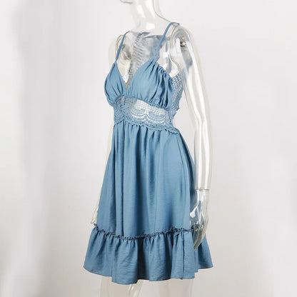 Summer Midi Sexy Lace Halter Waist Harness Dress Women Sleeveless Deep v Dress Beach Mini Dress Vestido Sundress Clothes