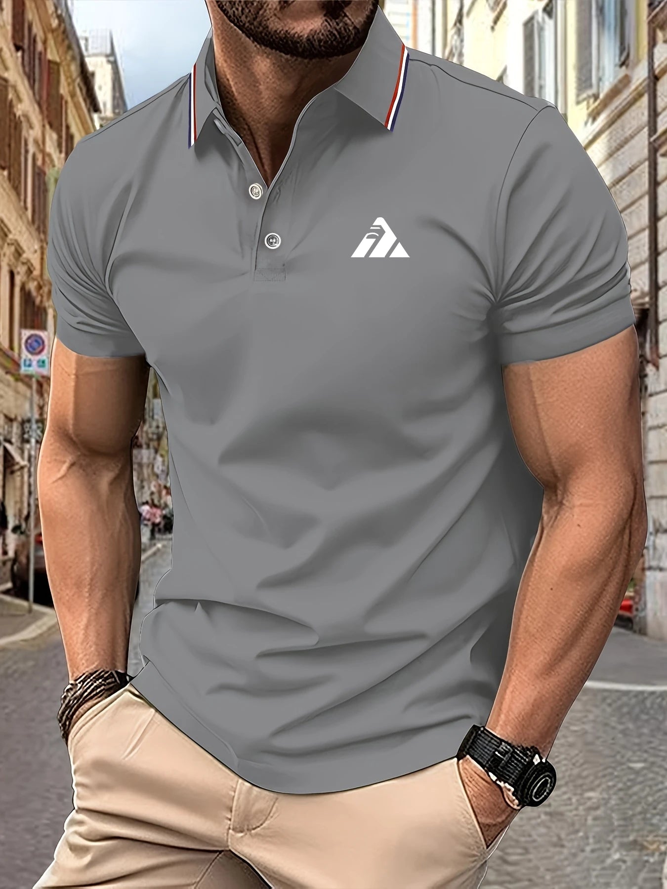 Men's Polo Shirt Creative Triangle Print Summer Lapel Stripes Men Short Sleeve Casual Breathable Light Luxury Cool T-Shirt