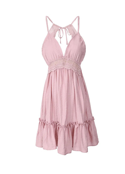 Summer Midi Sexy Lace Halter Waist Harness Dress Women Sleeveless Deep v Dress Beach Mini Dress Vestido Sundress Clothes