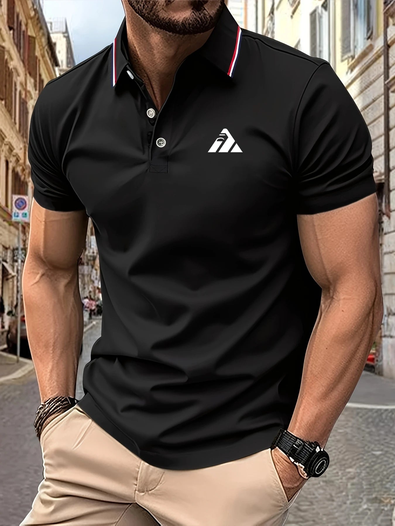 Men's Polo Shirt Creative Triangle Print Summer Lapel Stripes Men Short Sleeve Casual Breathable Light Luxury Cool T-Shirt