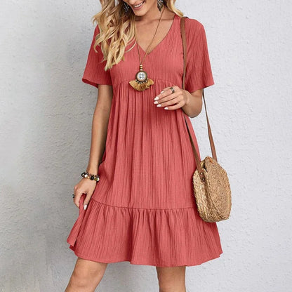2025 Loose V-neck Short Sleeved Pleated Women Dress Solid Color A-line Beach Dresses Elegant Simple Comfortable Woman Clothing