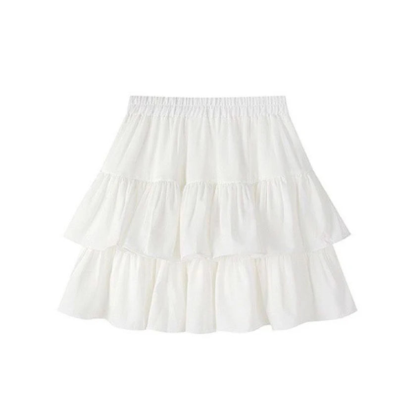 Pleated A-Line Skirt Women White Ruffle Sweet Tiered Pretty Style Skirt Elastic Waist Summer Slim Basic Korean Harajuku Dress