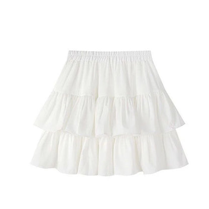 Pleated A-Line Skirt Women White Ruffle Sweet Tiered Pretty Style Skirt Elastic Waist Summer Slim Basic Korean Harajuku Dress