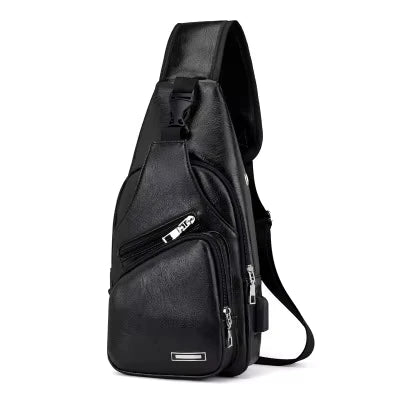 New USB Men's Chest Bag Portable Large Capacity Charging Leisure Diagonal Cross Bag Outdoor Sports PU Chest Bag