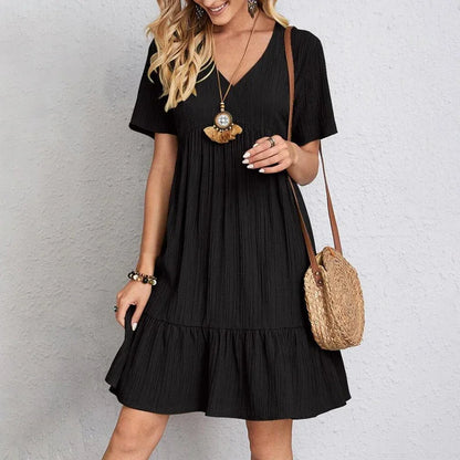 2025 Loose V-neck Short Sleeved Pleated Women Dress Solid Color A-line Beach Dresses Elegant Simple Comfortable Woman Clothing