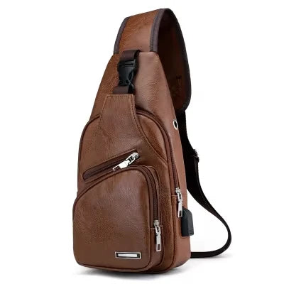 New USB Men's Chest Bag Portable Large Capacity Charging Leisure Diagonal Cross Bag Outdoor Sports PU Chest Bag
